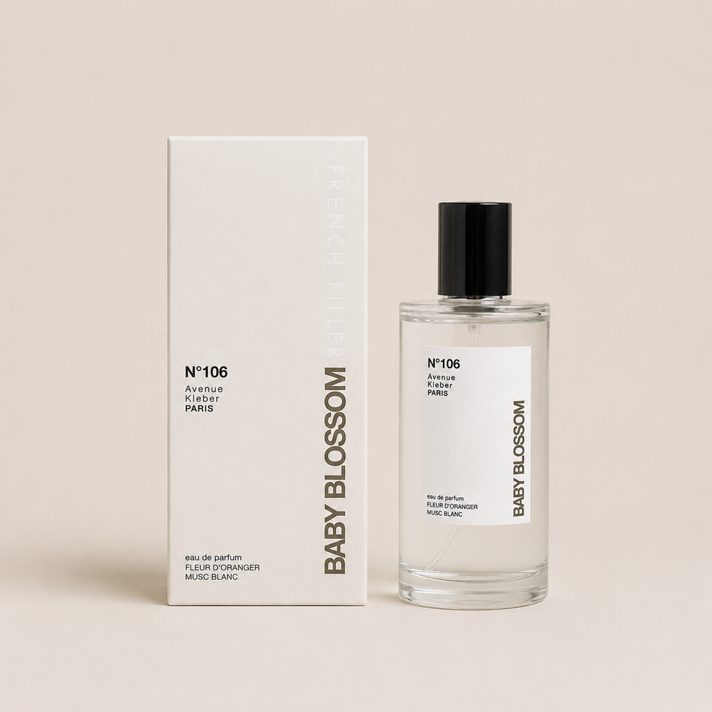 Eau de parfum BabyBlossom N°106 et son étui blanc – fleur d'oranger et musc blanc, fabriquée à Grasse